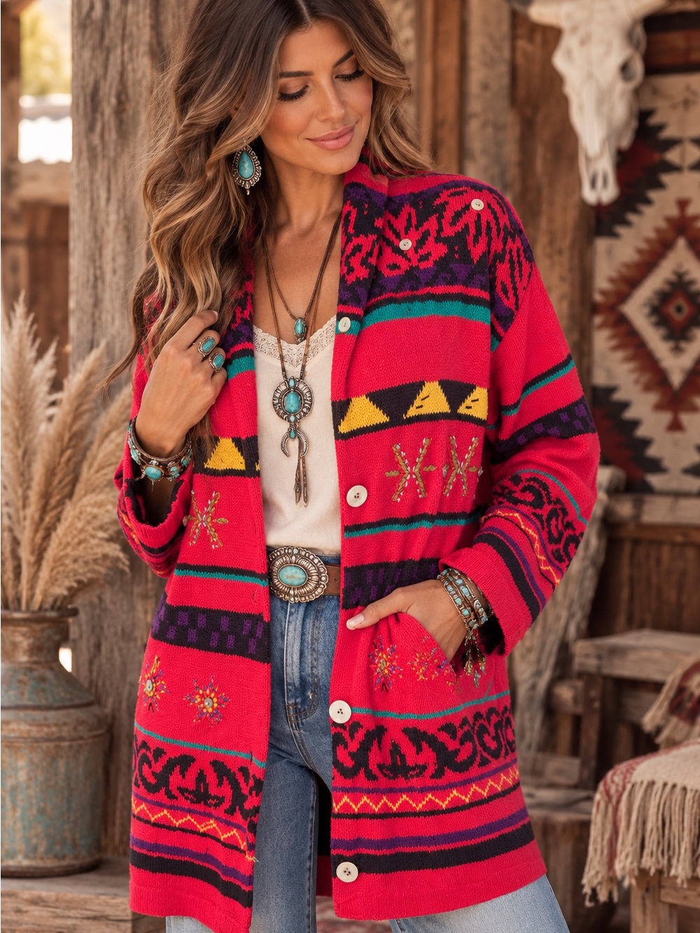 Vintage Red Patterned Boho/Western Vibes Cardigan